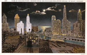 Postkort af Chicago by night, ca. 1930 af American School