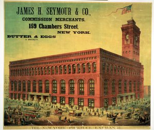 Plakat, der reklamerer for James H. Seymour & Co. Commission Merchants på New York Produce Exchange, indgraveret af Sacket, Wilhelms og Betzig, ca. 1885