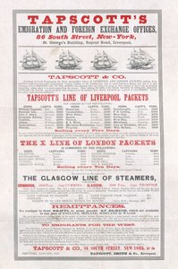 Plakatannoncering Tapscotts Emigration and Foreign Exchange Offices, New York, januar 1859