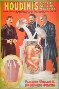 Plakat, der reklamerer for en ny handling af Houdini (farve litho) af American School