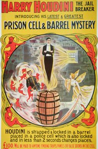 Plakat, der reklamerer for en ny handling af Houdini (farve litho) af American School