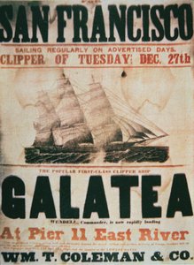 Plakat, der reklamerer for ruten fra New York til San Francisco for klippeskibet 