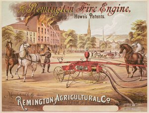 Plakat, der reklamerer for Remington Fire Engine fremstillet af Remington Agricultural Company, ca. 1890