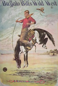 Plakat af en bucking bronco, til Buffalo Bills (1846-1917) Wild West Show, ca. 1885 (farvelitografi) af American School