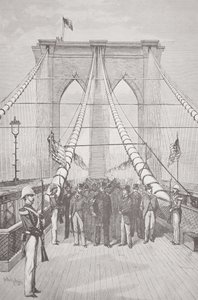 Præsident Chester A. Arthur ved åbningsceremonien for den nye Brooklyn Bridge, 24. maj 1883 (litho) af American School