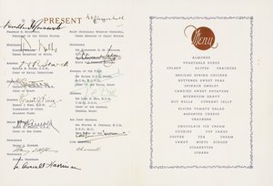 Printed menu signed by Winston Churchill and Franklin D. Roosvelt, U.S Flagship Augusta, Ship