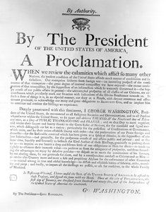 Proklamation fra præsident George Washington (1732-99), der udskrev torsdag den 19. februar som en dag med offentlig taksigelse og bøn, 1795 (avispapir) af American School