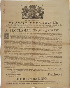 Proklamation i navnet på Francis Bernard, guvernør i Massachusetts Bay: annoncerer en fastedag under den franske og indiske krig, 8. april, 1761 af American School