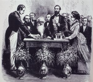 Professor Samuel Finley Breese Morse (1791-1872) forklarer funktionen af hans opfindelse af American School