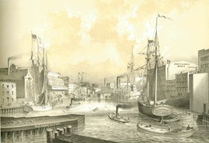Rush Street Bridge, View from State Street, fra Chicago Illustrated, med litterære beskrivelser af James W. Sheahan, udgivet af Jevne & Almini, Chicago, 1866-67 af American School
