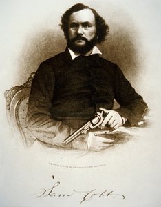 Samuel Colt holder en af sine percussion revolvere (gravering) af American School