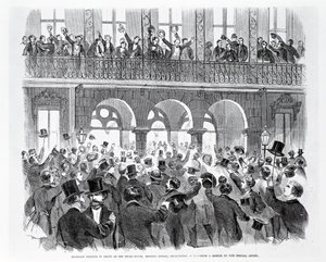 Secession møde foran Mills House, Meeting Street, Charleston, South Carolina, ca. 1860 (gravering) (s/h foto) af American School