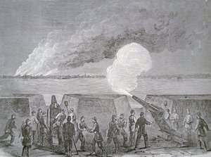 Belejring af Charleston, byen, der brænder under bombardement, 3. januar 1864, fra Harper