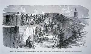 Siege of Vicksburg - Skarpskytter i riffelgravene konstrueret af General Hickenlooper (gravering) af American School
