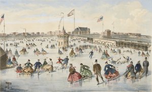Skøjteløb på Union Pond, pub. 1863 (farve litho) af American School
