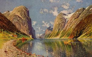 Sognefjorden på Norges kyst (farve litho) af American School