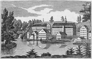 Sydøstvisning af fabrikkerne ved Yantic Falls, Norwich, fra 