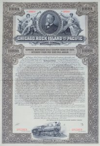Eksempler på obligationscertifikat for 1000 dollars for Chicago, Rock Island and Pacific Railway Company, 1898 af American School