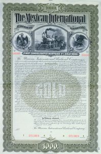 Eksempler på obligationscertifikat for 1000 dollars for det mexicanske internationale jernbaneselskab, 1897 af American School