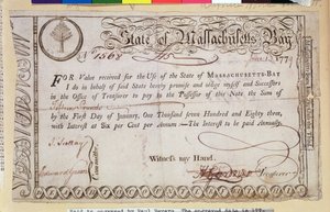 State of Massachusetts Bay gældsbrev, siges at være indgraveret af Paul Revere (1735-1818) 1779 af American School