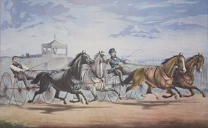 Stella og Alice Grey - Lantern and Whalebone, Passing the Stand (I deres store match for i Double Harness over Union Course L.I. den 5. juni 1855) , udgivet. 1855, Currier & Ives af American School
