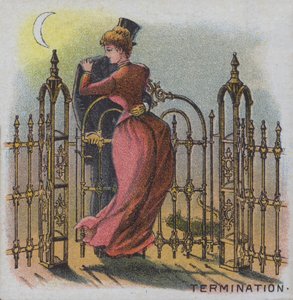 Opsigelse - et par, der omfavner ved en havelåge i slutningen af en dag (farve litho) af American School