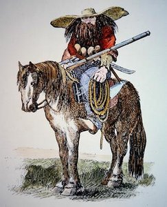 Texas Ranger tegnefilm, der viser den urbane østlige udsigt over den vilde og behårede Ranger af American School