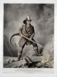 The American Fireman, Facing the Enemy, pub. 1858 (håndfarvet litho) af American School