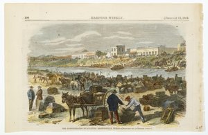 De konfødererede evakuerer Brownsville, Texas, ca. 1864 (håndkoloreret litografi på vævet træmassepapir) af American School