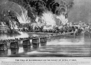 The Fall of Richmond, Va. natten til den 2. april 1865, pub. af Currier & Ives, 1865 af American School