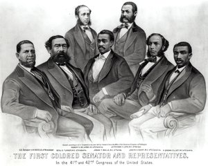 Den første farvede senator og repræsentanter, i den 41. og 42. kongres i USA, pub. af Currier og Ives, 1872 (litho) (bundt foto) af American School