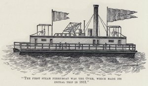 "Den første dampfærge var over, som foretog sin første tur i 1812" (litho) af American School