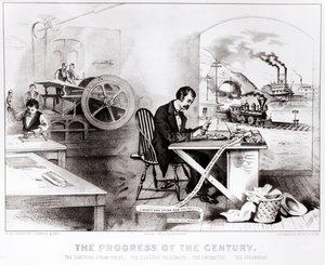 Århundredets fremskridt: The Lightning Steam Press, den elektriske telegraf, lokomotivet og dampbåden, pub. af Currier & Ives, 1876 af American School