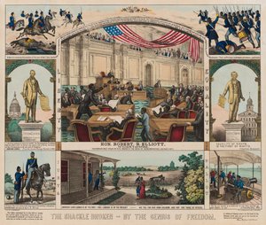 The Shackle Broken - By the Genius of Freedom, ca. 1860-1879 (farve litho) af American School