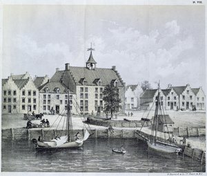 The Stadthuys of New York i 1679, Corner of Pearl Street og Coentijs Slip, fra Journal of a Voyage to New York i 1679-80 af Jasper Danckaerts (f.1639) og Peter Sluyter (1645-1722), udgivet 1867 af American School