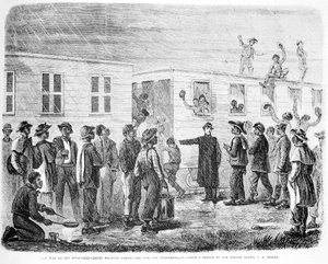 The War on Mississippi Negro rekrutter, der går ombord på bilen til Murfreesboro, fra Frank Leslies Illustrated Newspaper, maj 1864 af American School