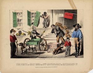 Den første Maj 1865, eller, Genl. flyttedag i Richmond Va., Lith. af Kimmel & Forster, udgivet af H. & W. Voight, New York, 1865 af American School
