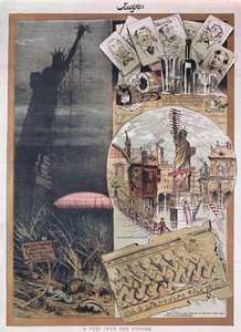 Fremtiden for Frihedsgudinden. karikatur fra Judge magazine omkring tidspunktet for dets konstruktion i 1886 af American School