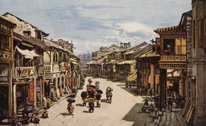 Det indfødte kvarter i Hong Kong (farve litho) af American School