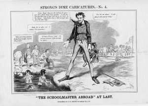Skoleholderen i udlandet til sidst: Stærke skillingskarikaturer, no. 4, udgivet af T.W. Strong, New York, 1861 af American School