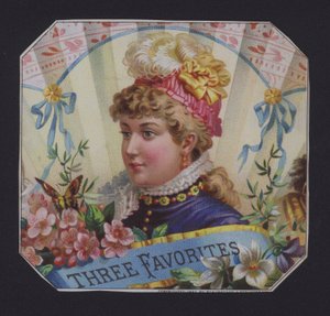 Tre favoritter, cigaretiket (chromolitho) af American School