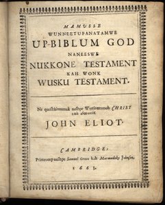 Titelblad for Mamusse wunneetupanatamwe Up-Biblum Good, 1663 af American School