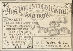 Trade card for Mrs. Potts" Cold Handle Sad Iron, ca. 1870-1900 af American School