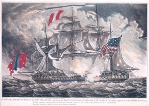 US Fregate Constellation fanger LInsurgente i Vestindien ved slaget ved Basseterre, 9. februar 1799, udgivet i 1800 af American School