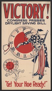 Onkel Sam vender uret tilbage, sejr! Kongressen godkender sommertidsloven, gør din sko klar!, sommertid-plakat under 1. verdenskrig, USA, 1918