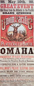 Union Pacific Railroad-plakat, der reklamerer for den første transkontinentale jernbane på tværs af USA af American School