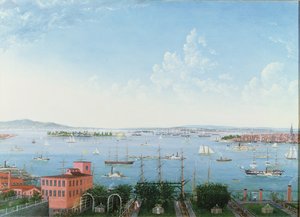 Udsigt over New York Harbour fra Brooklyn Heights, ca. 1860 (olie på linned) af American School