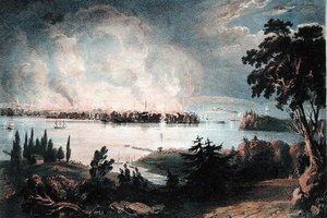 Udsigt over byen New York fra Weehawk under den store brand, 16. december 1835, indgraveret af Day og Haghe (farve litho) af American School