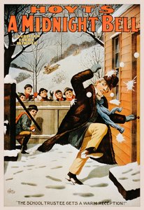Vintage plakat af drenge, der kaster mand med snebolde, 1890-99 af American School