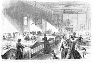 Frivillige sygeplejersker, der behandler de syge på US General Hospital i Georgetown, fra Frank Leslies Illustrated Newspaper, 6. juli 1861 af American School